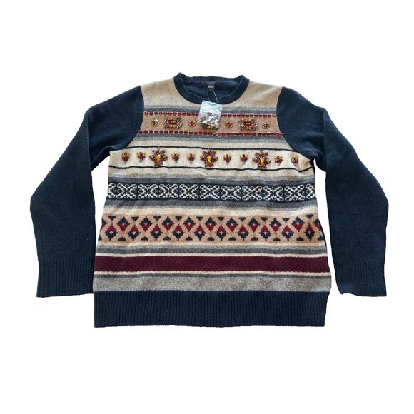 J CREW Womens Sz M 100% Wool Jeweled Navy/Multi Fair Isle Stripe Sweater Preppy - Picture 1 of 9